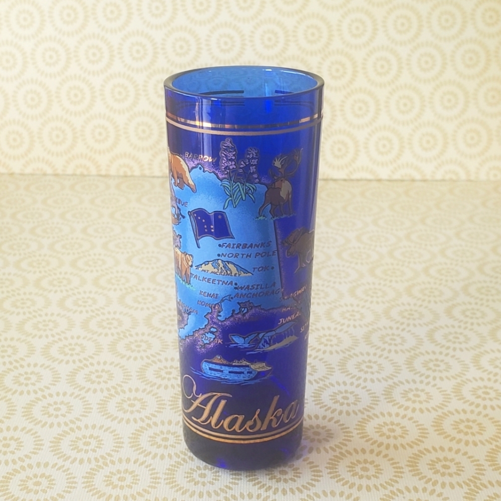 Cobalt Blue Alaska Souvenir Shot Glass Gold Accents